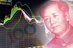 Charts of financial instruments including various type of indicator for technical analysis on the monitor of a computer, together with face of Mao Zedong on RMB (Yuan) 100 bill
